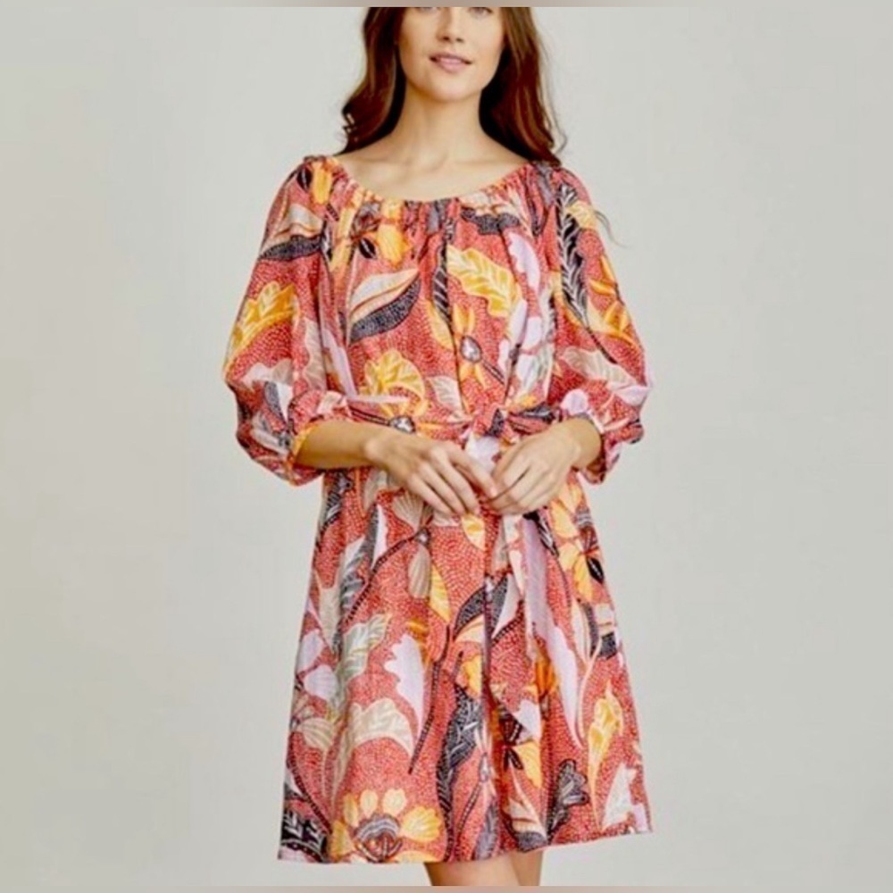 Elizabeth James Uptown Casual Dayglow Orange Fall Floral Dot Print Dress XL